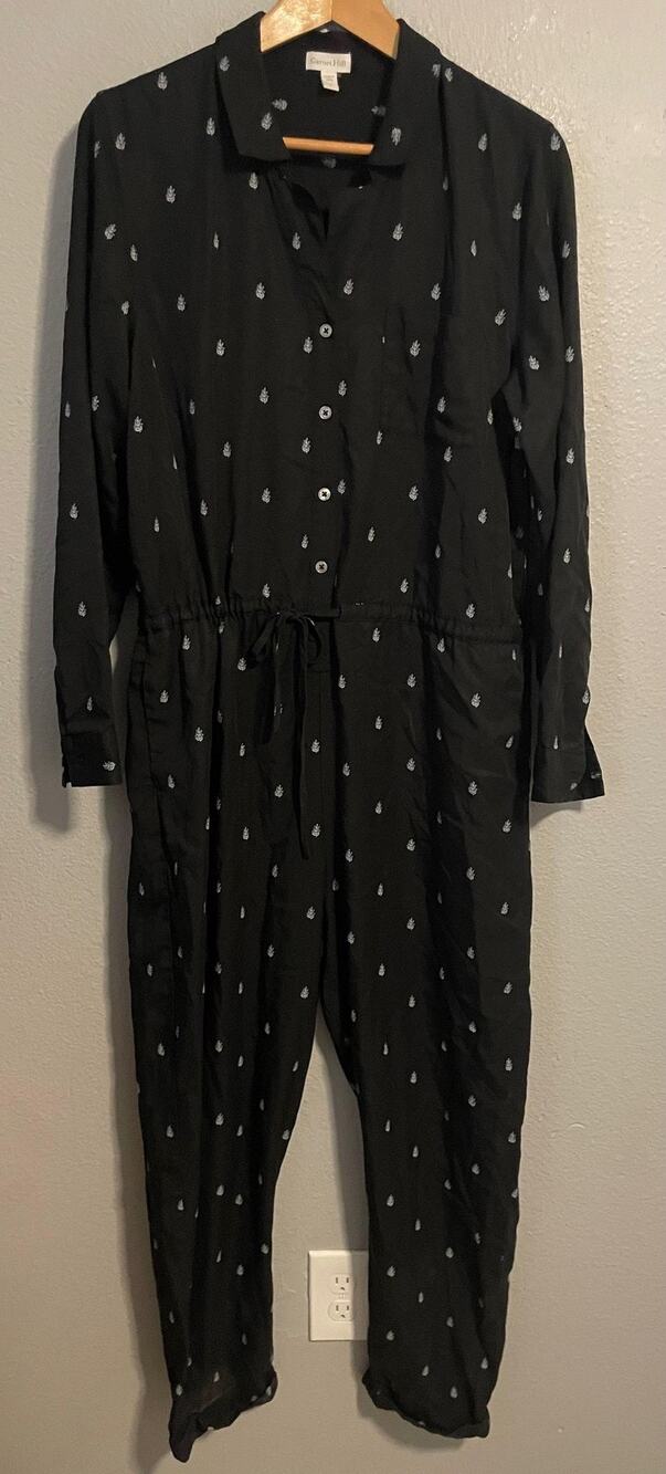 Garnet Hill Womens Jumpsuit Size 10 Black Floral Embroidered Tencel Cottagecore